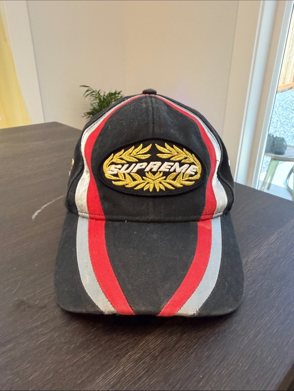 Supreme Black Red Gray Racing Stripe Cap with Gold Laurel Patch